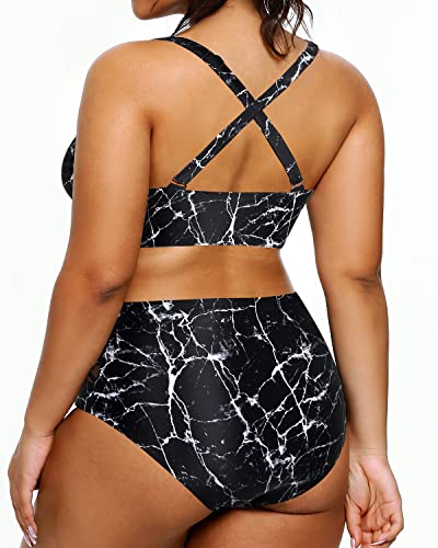 Women's Plus Size Two Piece Bikini Swimsuits High Waisted Tummy Control-Black Marble