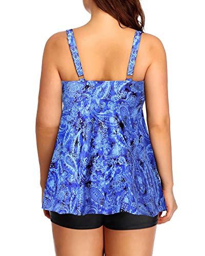 Plus Size Tankini Adjustable Straps And Bowknot Bathing Suits-Blue Tribal