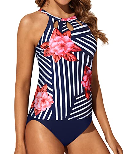 Two Piecehigh Waisted High Neck Tankini Swimsuits For Women-Blue Floral