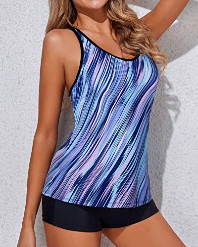 Athletic Tankini Swimsuits Boy Shorts For Women-Blue And Black Stripe