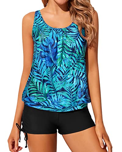 Women's Removable Built-In Sports Bras Adjustable Blouson Tankini Swimsuits-Dark Blue Green Leaves