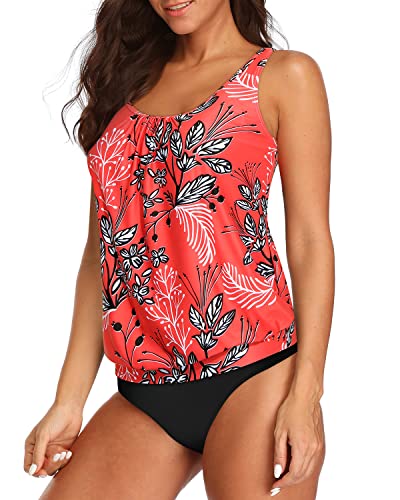 Casual Women's 2 Piece Blouson Tankini Swimsuits Elastic Band-Red Floral