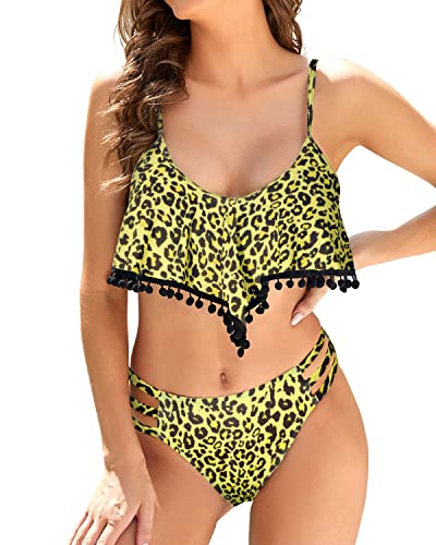 Sporty Cutout Flounce Push Up Bikini Set For Volleyball And Swimming-Yellow And Leopard
