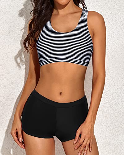 Women U-Neck Tankini Top & Sports Bra Tankinis Swimwear Boyshorts-Navy Blue