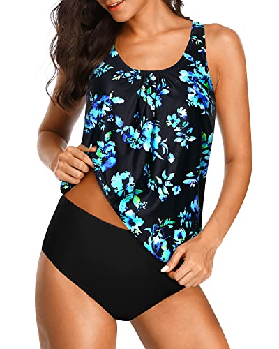 Chic And Cute Blouson Tankini Two Piece Swimsuit For Women-Black Blue Floral