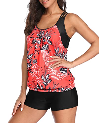 Ladies Athletic Two Piece Tankini Suits High Waisted Board Shorts-Red Floral