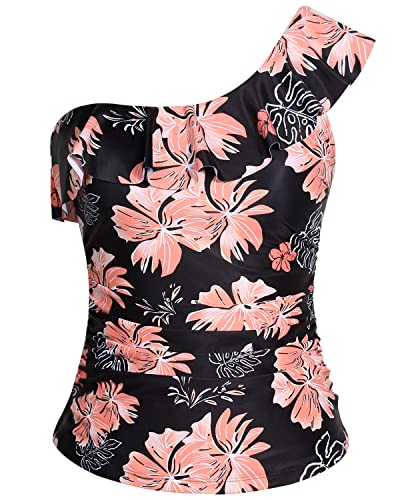 Flattering One Shoulder Tankini Tops Ruffle Trim For Women-Black Orange Floral