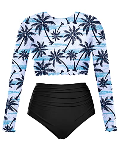 Two Piece Bathing Suits Rash Guard For Women Crop Swim Tops Shorts-Black Palm Tree