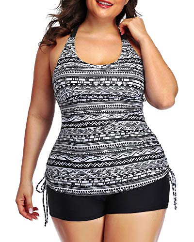 Women's Plus Size Strappy Tankini Top And Boyleg Shorts Swimsuit-Black Tribal
