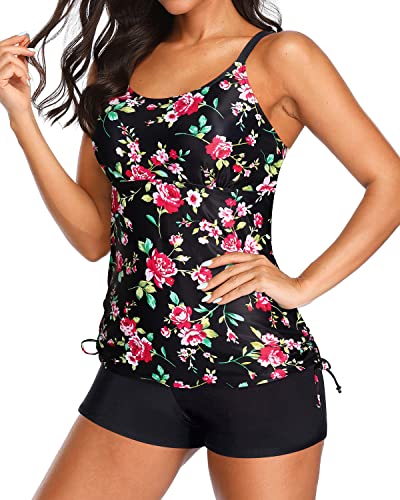 Modest Coverage Long Torso Tankini Swimsuits For Women-Black Floral