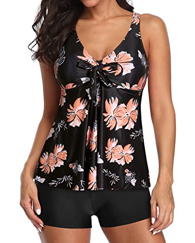 Modest Flowy Tankini Bathing Suits V Neck Swim Tops For Women-Black Orange Floral