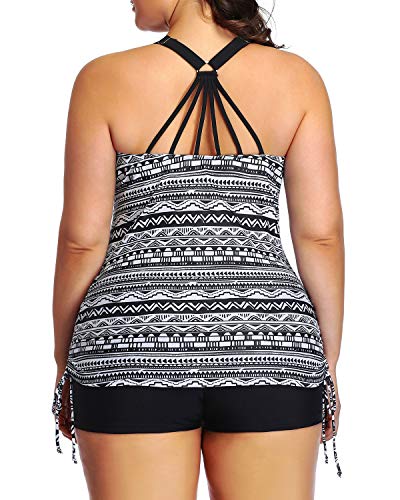 Women's Plus Size Strappy Tankini Top And Boyleg Shorts Swimsuit-Black Tribal