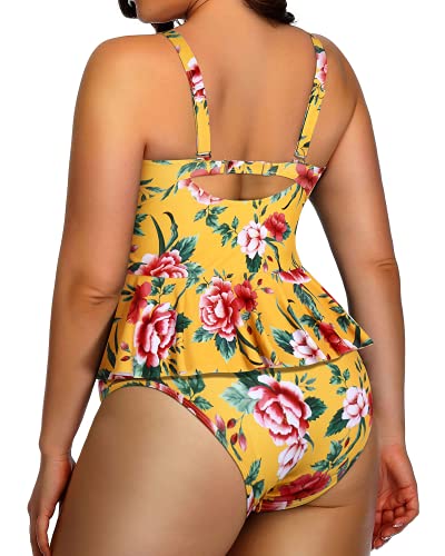 Lace Up Retro Ruffle Tankini Tops Lace Strappy Sides Bikini Bottoms-Yellow Floral
