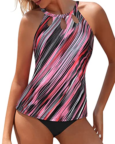 Comfortable And Trendy High Waisted Two Piece Tankini Swimsuit-Pink Stripe