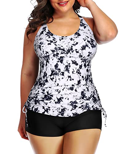 Plus Size Two Piece Ruched Swimsuit Tummy Control-Black And White Tie Dye