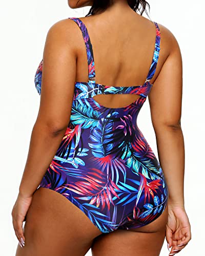 Twist Front Cross Plus Size Swimsuit For Women Slimming Bathing Suit-Blue Leaves