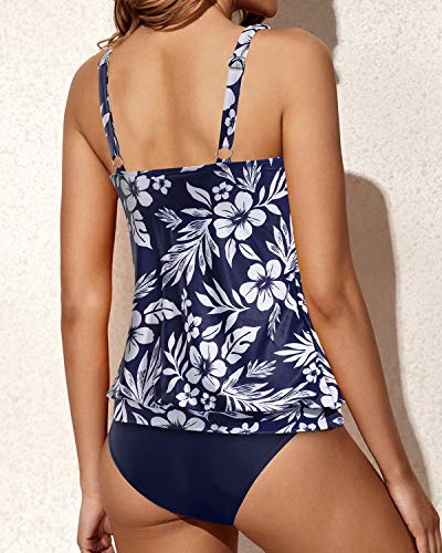 Women's Casual Tankini Swimwear Sets Triangle Briefs-Navy Blue Floral