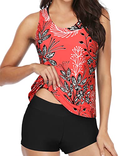 Teen Tankini Bathing Suit Tummy Control And 3 Piece Set For Women-Red Floral