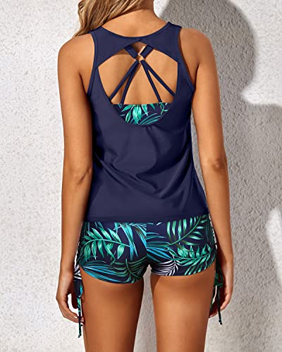 Flattering Backless Tankini Athletic 3 Piece Swimsuits For Women-Navy Leaves