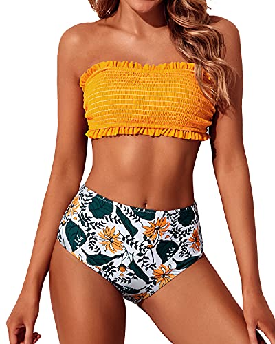 Bandeau Bikini Set Two Piece Smocked Swimsuits Ruffle Off Shoulder Bathing Suit-Yellow Floral