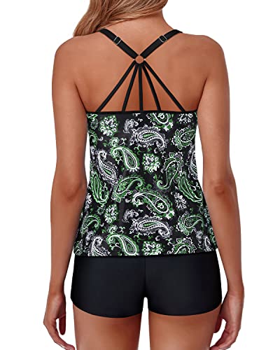 Two Piece Tankini Swimsuits For Women Shorts Tummy Control Bathing Suits-Black Green Paisley