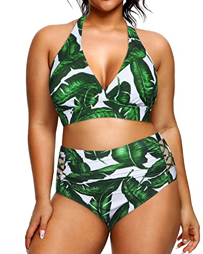 High Waisted Slimming Two Piece Bikini Swimsuits For Women-Green Leaf