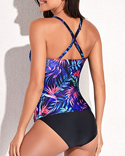 Two Piece Crossover Back V-Neck Tankini For Women-Blue Purple Leaves