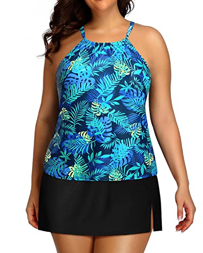 Plus Size Two Piece Tankini Skirt Bathing Suits For Women-Blue Leaves