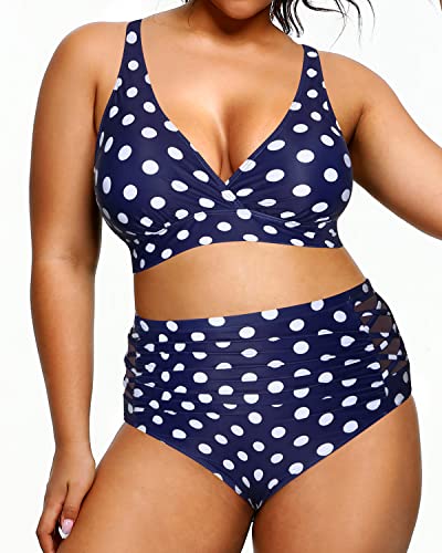 Women's Plus Size Bikini Bathing Suits Tummy Control Swimwear-Blue Dots