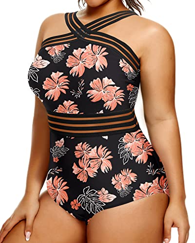 Strapless Monokinis One Piece Swimsuit For Plus Size Women-Black Orange Floral