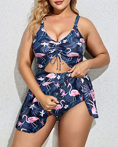 Women Plus Size One Piece Swimsuits Skirt V Neck Swimdress-Blue Flamingo