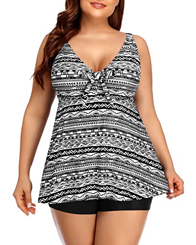 V Neck Flyaway Swimsuits Boyshorts And Modest Coverage For Women-Black Tribal