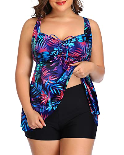 Tankini Swimsuits Bowknot Plus Size Flowy Swimwear For Women Shorts-Blue Purple Leaves