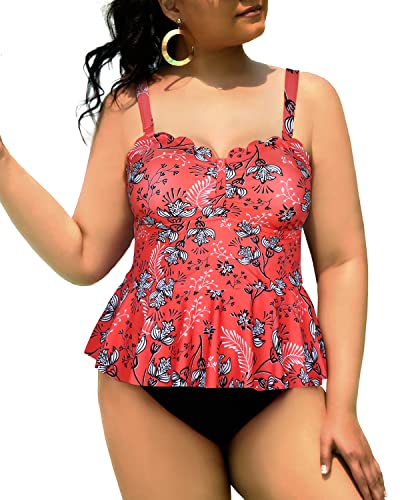 Two Piece Ruffle Hem Peplum Tankini Swimsuits For Curvy Girls-Red Floral