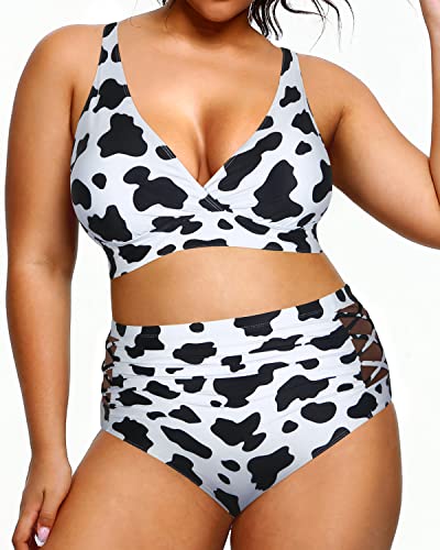 Plus Size High Waisted Bikini Two Piece Swimsuits Tummy Control Swimwear-Black And White Cow Pattern