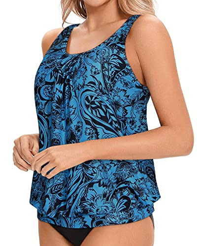 Athletic Style Tankini Swim Top Adjustable Straps For Women-Blue Paisley