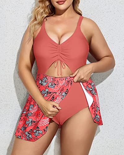 V Neck Swimdress Cutout One Piece Swimsuits Skirt Plus Size Bathing Suits-Pink Flower