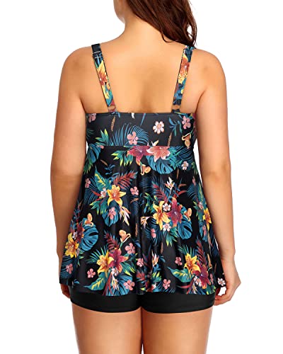 Two Piece V Neckline Modest Coverage Slimming Flare Silhouette Swimsuit-Black Flowers