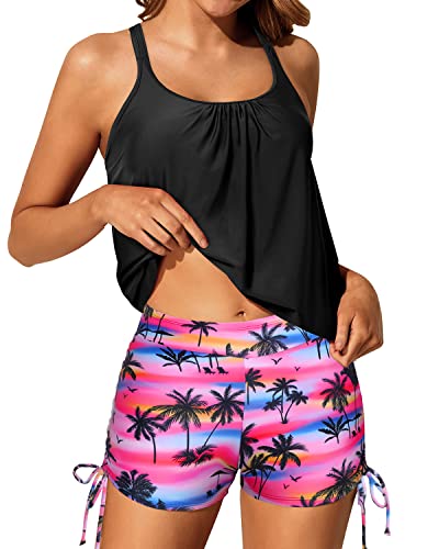 Women's Slimming Tummy Control Blouson Tankini Swimsuits Criss Cross Back-Black Palm Tree