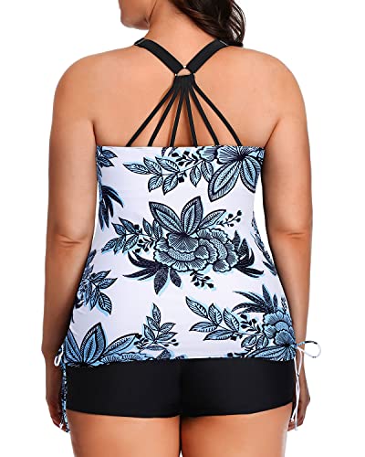 2-Piece Plus Size Swimsuit Adjustable Straps Boyleg Shorts-White And Blue Floral