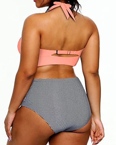 V Neck Plus Size Halter Bikini Swimsuits High Waisted Tummy Control Swimwear-Coral Pink Stripe