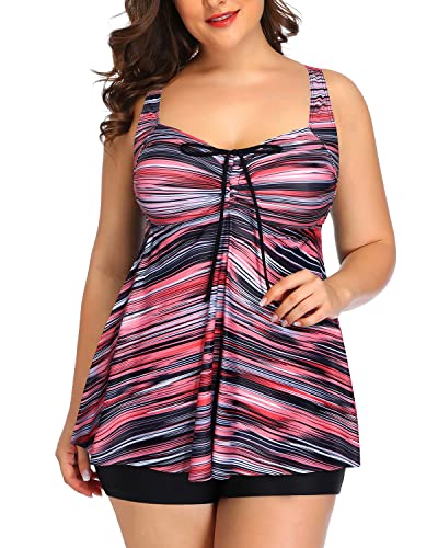 Women's Adjustable Shoulder Straps Plus Size Tankini Swimsuits-Pink Stripe