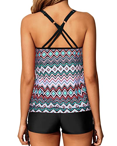 Sporty Women's Blouson Tankini Swimsuit Criss Cross Back Boy Shorts-Black Tribal
