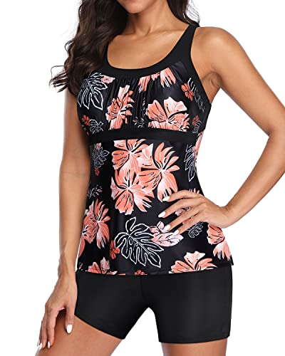 Athletic Racerback Tankini Swimsuits Boyshorts For Women-Black Orange Floral
