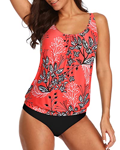 Casual Women's 2 Piece Blouson Tankini Swimsuits Elastic Band-Red Floral