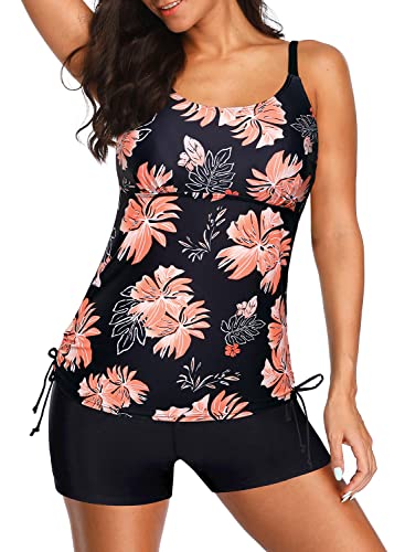 Athletic Two Piece Long Torso Tankini Swimsuits For Women-Black Orange Floral