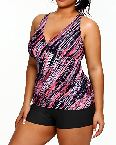 Athletic Plus Size Swimsuits Shorts Tummy Control Tankini Bathing Suits-Pink Stripe