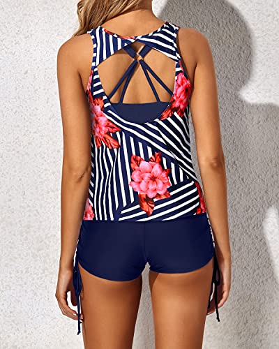 3 Piece Swimsuits Tankini Swim Tank Top Bathing Suits Boy Shorts And Bra-Blue Floral