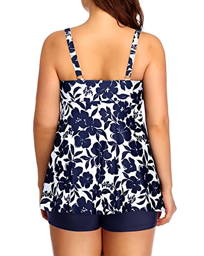 Flowy Plus Size Tankini Swimsuits For Women-Navy Blue Flowers