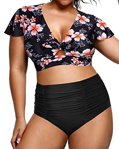 High Waisted Swimsuits Ruched Full Coverage Bottoms For Plus Size Women-Pink Flower